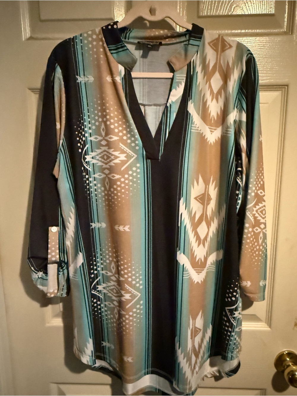 Roper Teal Black Tan Aztec-Print V-Neck Women's Tunic